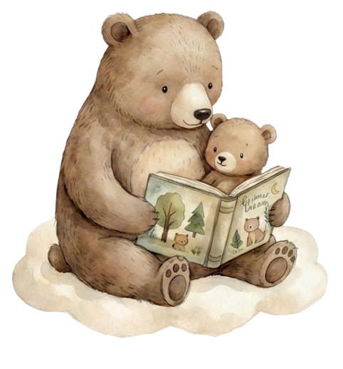 Bear with it's cub reading a book